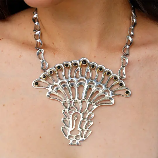 Vintage Sterling Silver Peacock Necklace with Onix Stones