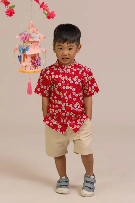 Mandarin-collared Shirt - Red Fans