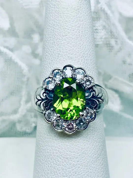 Natural Peridot Ring, Size 6.5, Oval Gemstone & White CZ Starburst Victorian Filigree, D419 - Ready to Ship