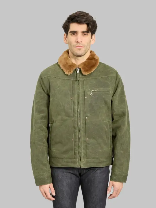 Freenote Cloth RJ-2 Waxed Canvas 20oz Shearling Jacket Olive