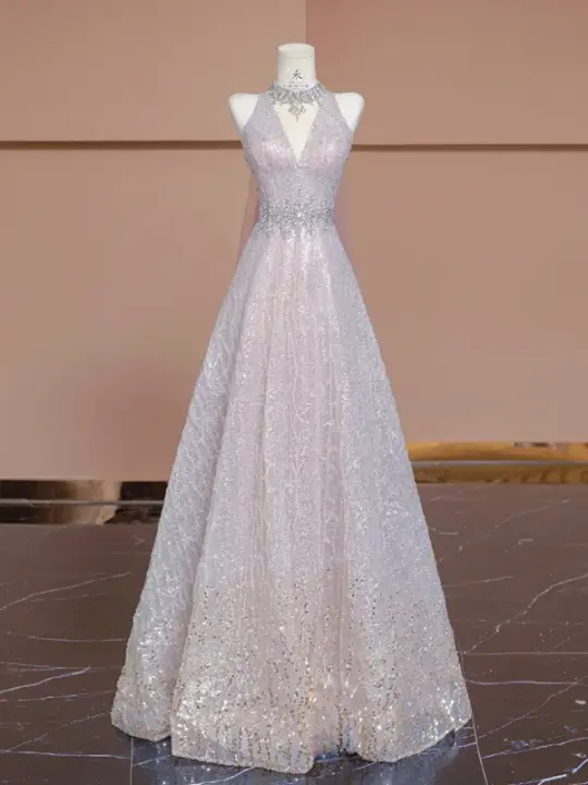 Light pink V-neck fitted A-line skirt rhinestone long ball gown/bridal dress R8292