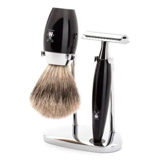 MÜHLE KOSMO 3 Pc. Shaving Set, Fine Badger Brush & Safety Razor, Black