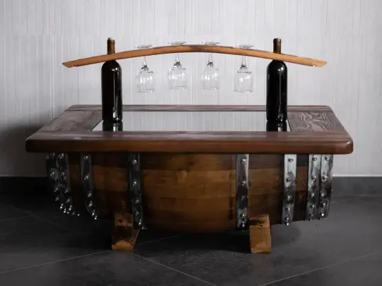 Whiskey & Wine Barrel Coffee Table — Glass Top, Hidden Storage