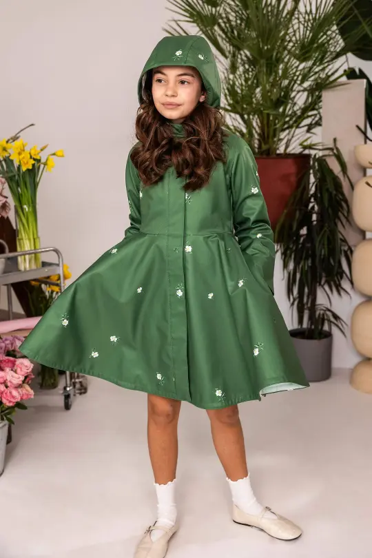 Girl's Green Coat with Floral Print | Primrose in Bloom