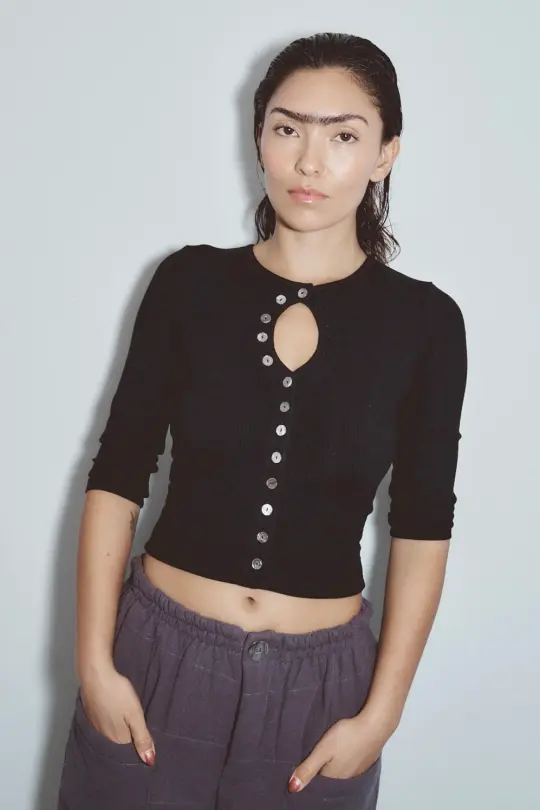 Unbuttoned Tencel Rib Half Sleeve Top Black