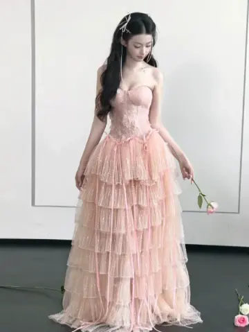 Sweet Pink Ruffled Prom Dress ,A-Line Sweetheart Tulle Bodycon Maxi Evening Dress RS1121
