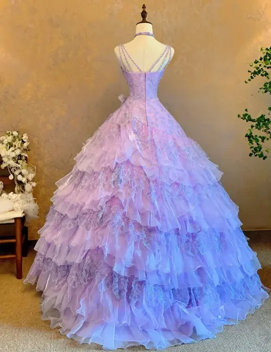 Lavender Spaghetti Strap Waist-Cinched Puff-Skirt Ball Gown & Bridal Gown R7399