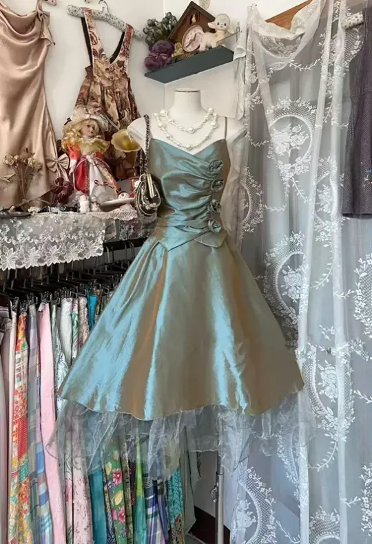 Gray-green halter-neck A-line mini dress, sexy prom dress R7509