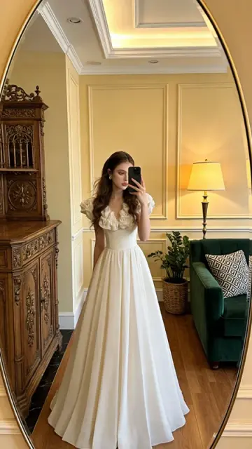 White floral V-neck dress with a fitted waist and pleated skirt, long ball gown/bridal gown R8575