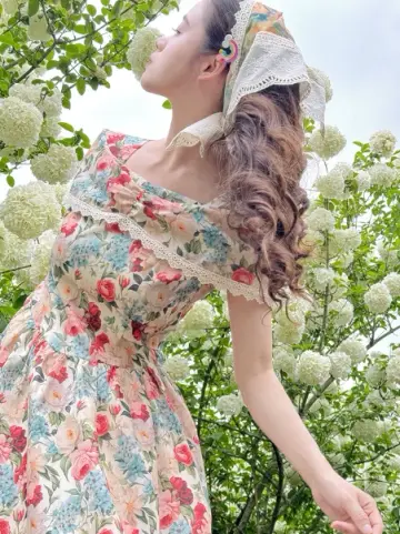 Retro Floal A-Line Square Lace Hem Corset Maxi Summer Dress Prom Dress RS560