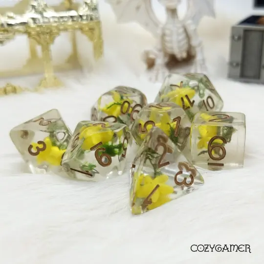 Sunny Starfish Dice Set – 7-Piece Yellow Starfish Moss Seaweed DnD Dice