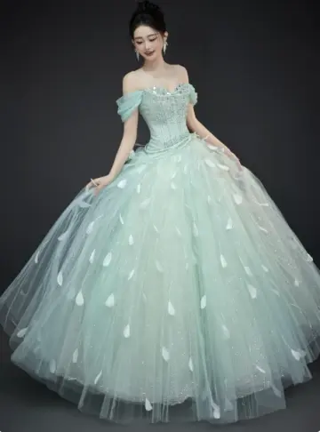 Elegant Mint Green Quinceanera Dress ,A-Line Off-the-shoulder Beaded Corset Evening Dress RS920