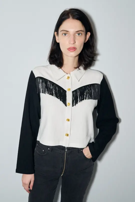 High Roller Thick Linen Fringe Shirt Jacket Black/White
