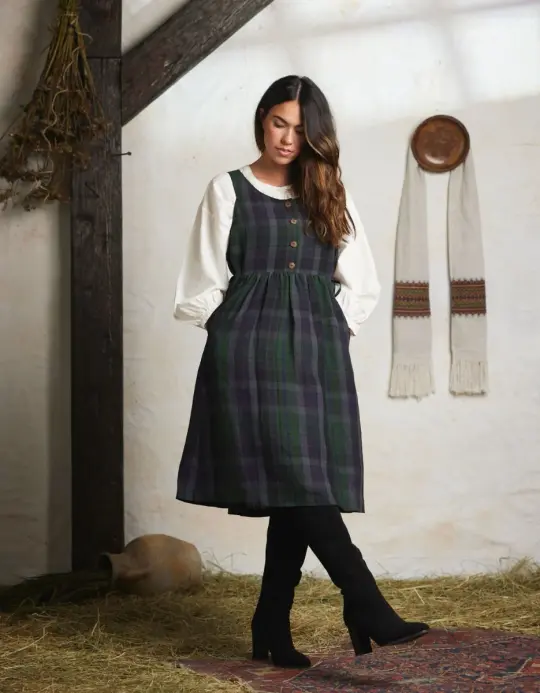 Robe-chasuble 'Vera' en lin écossais vert