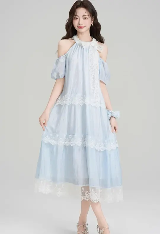 French design lace halter dress holiday style beautiful off-shoulder long dress R2399