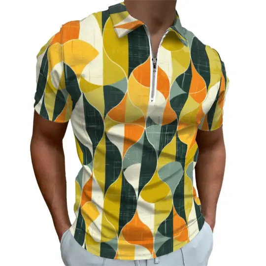 MCM Retro Polo Shirt- Mid Century Geo Design  Slim Fit Zipper Polo for men