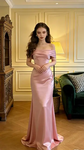 Light pink off-the-shoulder fitted long sexy ball gown, bridal dress R8611