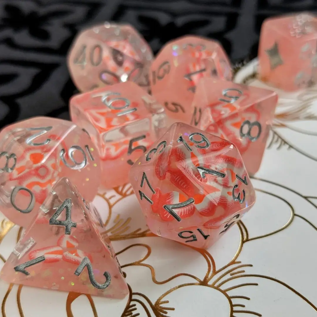 Strawberry Dice Set | Pink Resin DnD Dice with Clay Strawberries and Silver Numbers