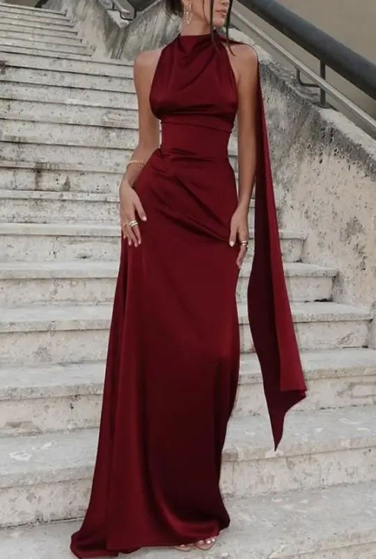 Slim Satin Silky Prom Gown Burgundy Women's Corset Maxi Evening Dress Ball Gown RS2869