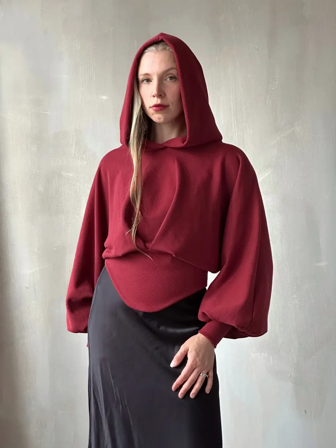 Corset Waist Hoodie in Oxblood Organic Fleece (In-Stock)