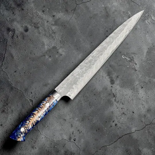 Takeshi Saji VG-10 Kuro Cross Tsuchime Sujihiki 240mm with Pinecone Resin Western Handle