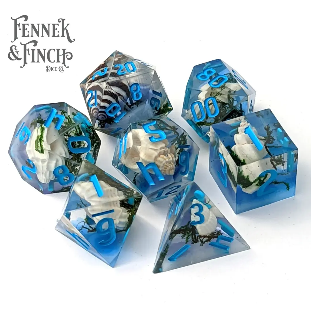 Seabed Sharp Edge Resin Dice Set. 7 Piece DND dice set with Seashells