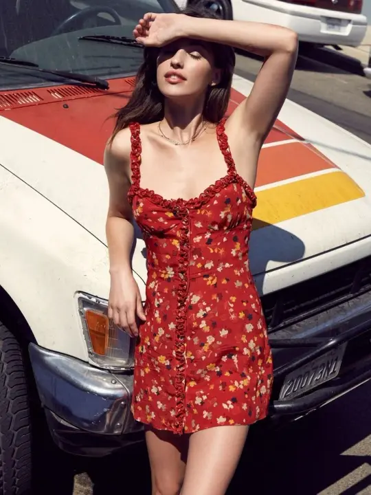 Red hem suspenders cute floral waist slim A-line short skirt homecoming dress R3295