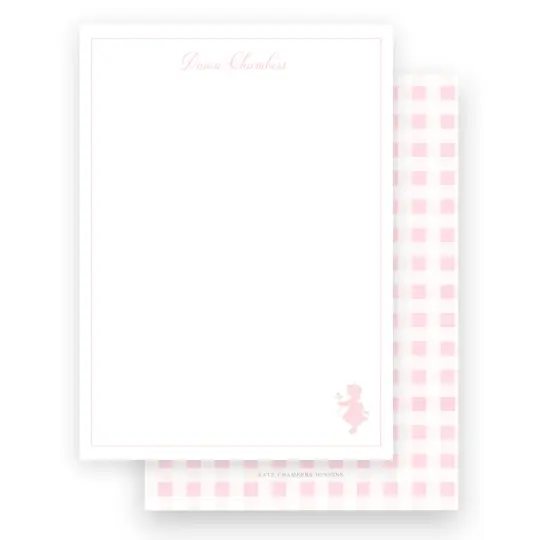 Pink Vintage Girl with Flowers Silhouette with Gingham Portrait Stationery