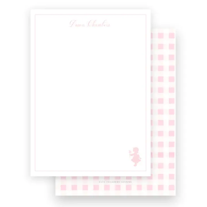 Pink Vintage Girl with Flowers Silhouette with Gingham Portrait Stationery