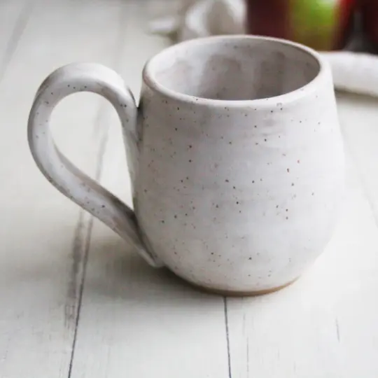 Rustic Matte White Speckled Stoneware Mug, 14 Ounce Pottery, Made in USA (B)