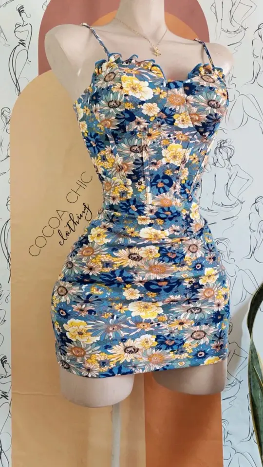 Blue floral oil painting series suspenders waist slim short skirt homecoming dress R3105