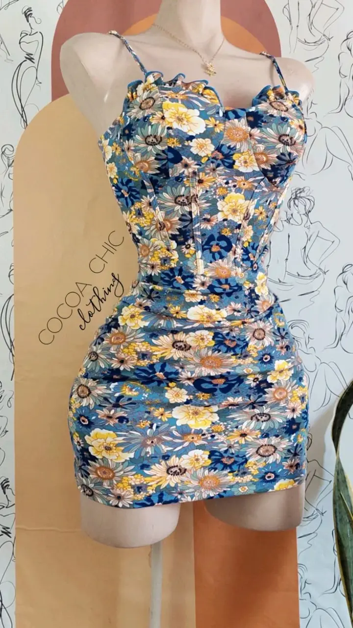 Blue floral oil painting series suspenders waist slim short skirt homecoming dress R3105