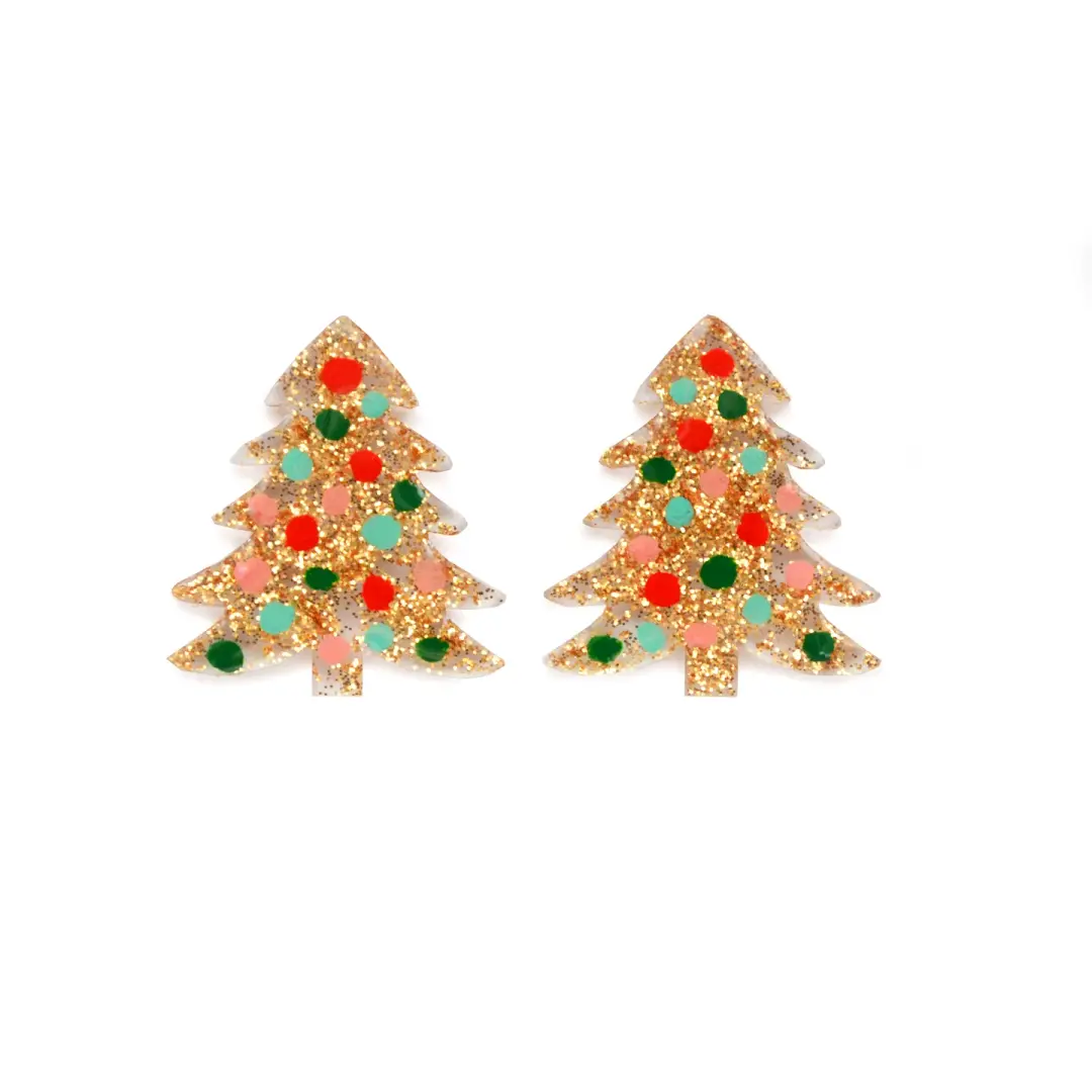 Small Gold Glitter Holiday Christmas Tree Resin Acrylic Stud Earrings
