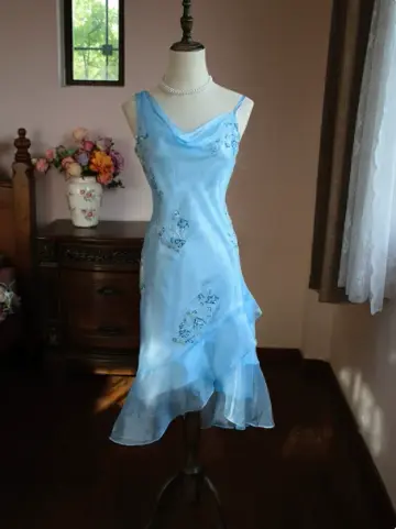 French Retro Baby Blue Flouncing Beaded Sheath Asymmetrical One-shoulder Corset Midi Prom Dress Cocktail Dress RS477