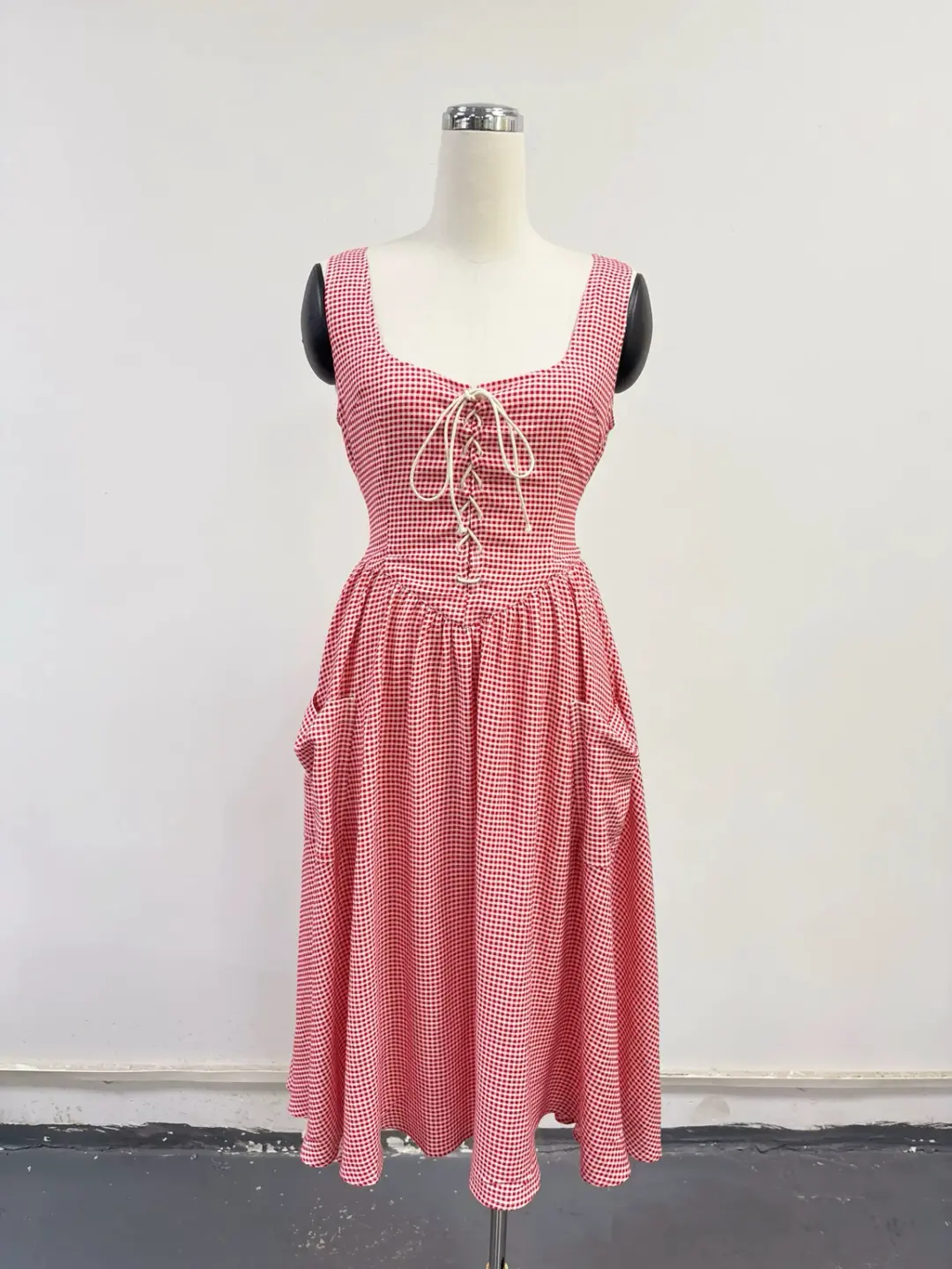 SAMPLE #399 - S/M Soft Linen Gingham Farm Chores Dress - Red