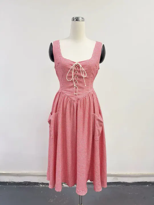 SAMPLE #399 - S/M Soft Linen Gingham Farm Chores Dress - Red