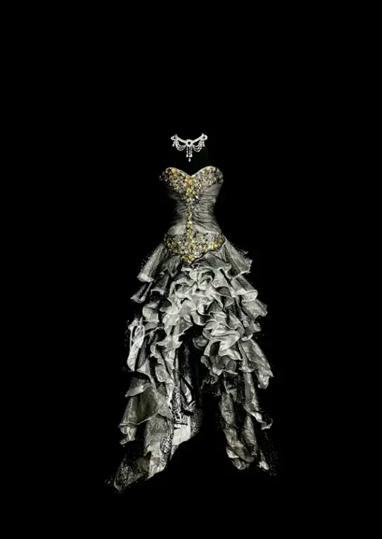 Gray strapless rhinestone-embellished, fitted waist, pleated, tiered skirt, long ball gown R6661