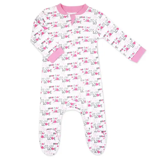 Baby Mode Baby Girls 100% Cotton Pink Love Zippered Footie 3-6M