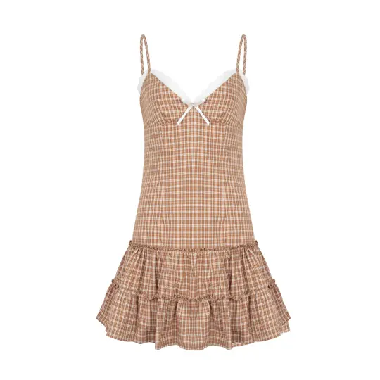 French retro plaid lace bow knot V-neck suspender skirt with slim waist and holiday pleated short skirt R3098