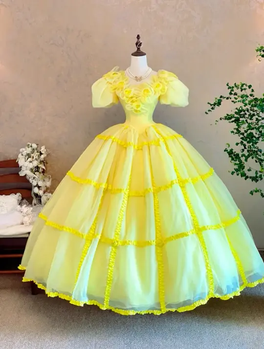 Yellow Puff Sleeve Waist-Cinched Puff-Skirt Ball Gown & Bridal Gown R7398