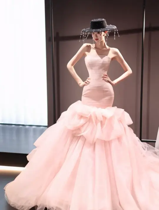 Light pink tube top waist slim hip fishtail sexy long dress ball gown, bridal gown R6031