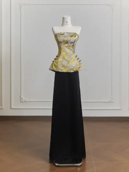 Yellow strapless satin top and black skirt suit, ball gown, wedding dress R8222