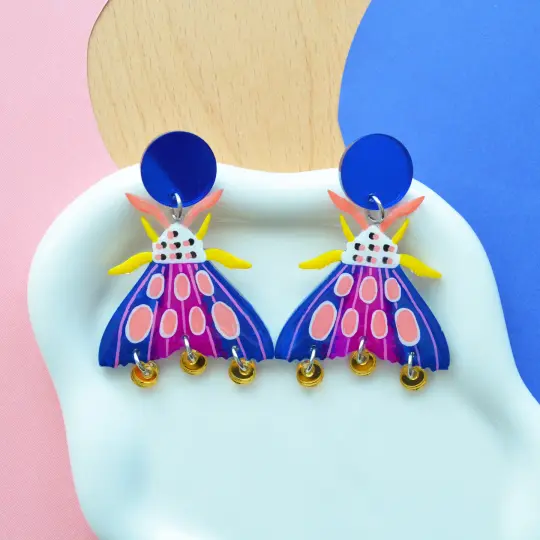 Blue Geometric Moth Insect Laser Cut Acrylic Earrings
