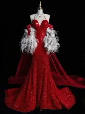 Red halter-neck sequined fitted waist slim-fitting mermaid-style sexy ball gown R6449