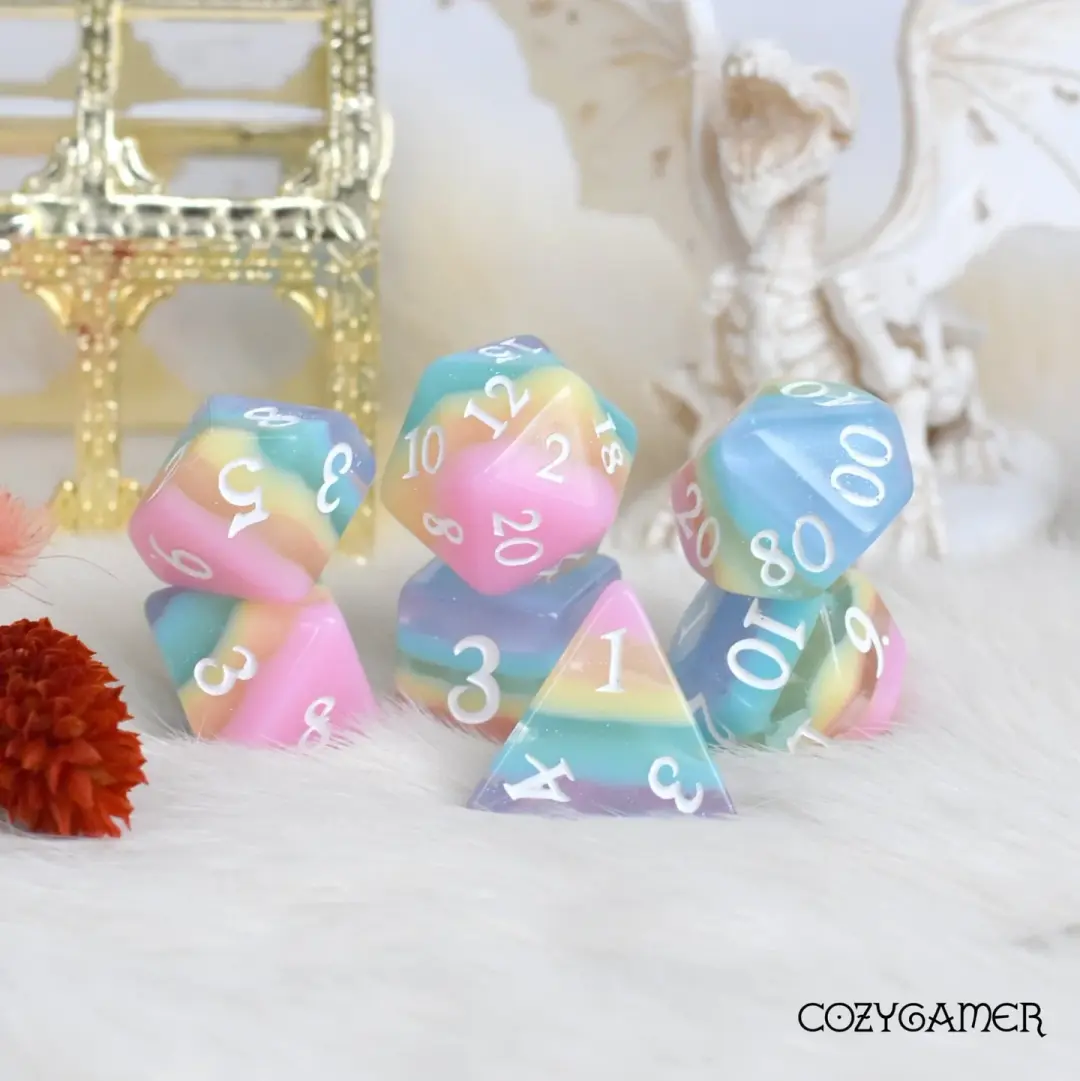 Rainbow Candy Dice Set – 7-Piece Pastel Shimmer | Fennek & Finch