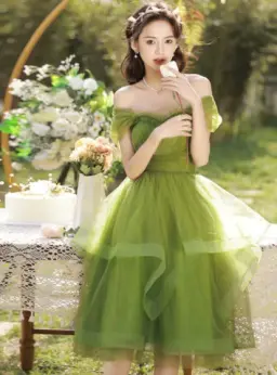 Elegant Bud Green Dress A-Line Sheer Straps Stain Party Dress Birthday Dess with Tulle Fold RS013
