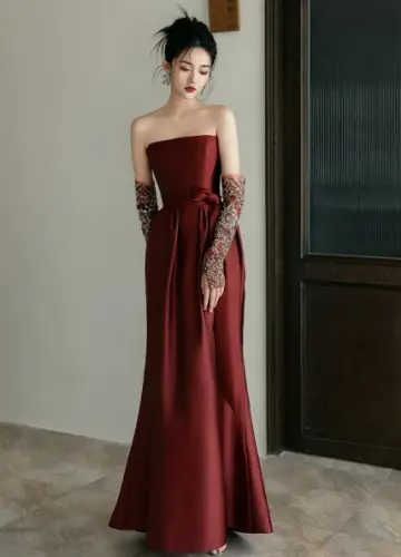 Silky Satin Corset Prom Gown ,  Elegant Burgundy Maxi Evening Dress Ball Gown RS1840