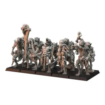 Unpainted 32mm 3D-printed ghoul pack of ten with bone clubs, blades and a horned skull standard, tabletop wargame and RPG miniature for D&D, Pathfinder and rank and flank armies