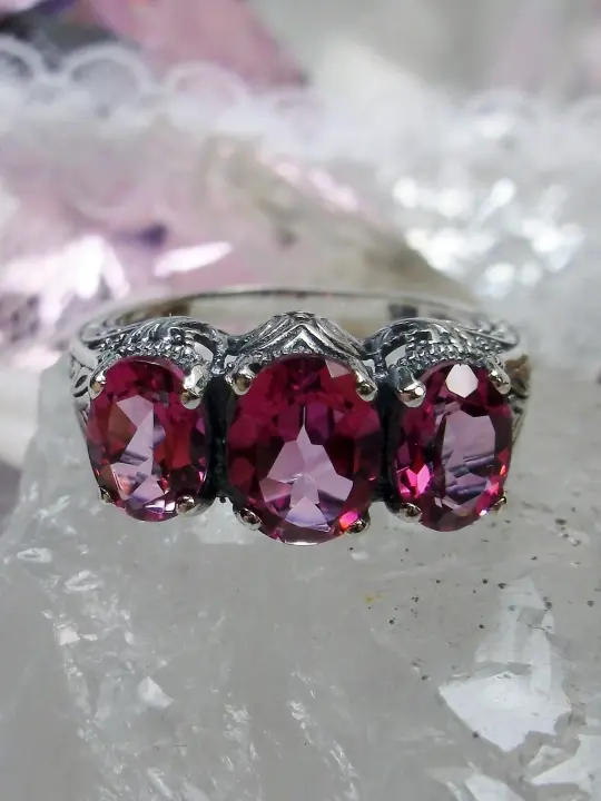 Natural Pink Topaz Ring, Size 8, Trinity (Three Gem) Ring, Art Deco Jewelry Design#D41 - Ready to Ship