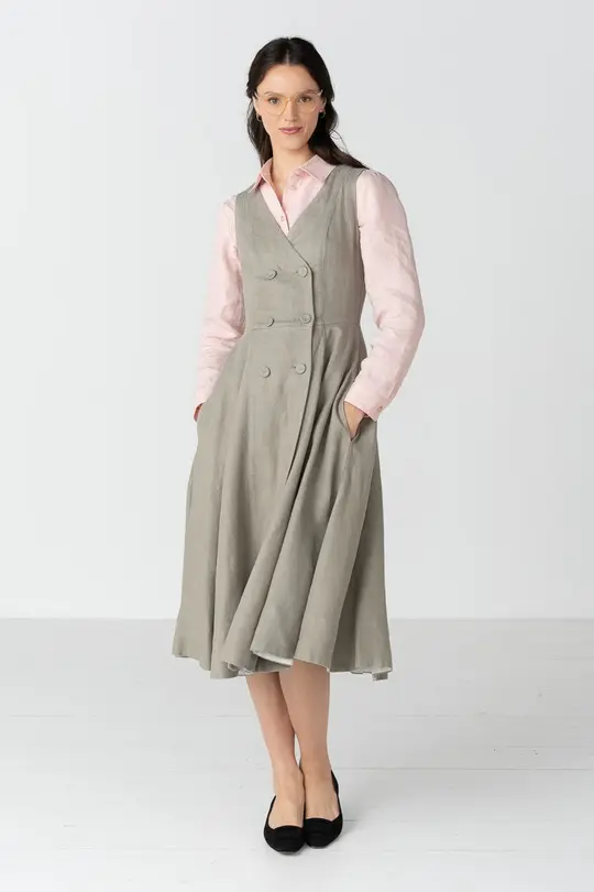 Rosa – Midi Linen Dress with Double-Button Front
